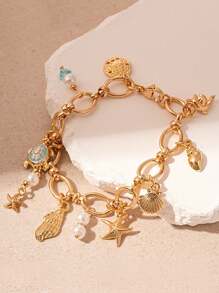 1 件度假海洋风格滴油珍珠贝壳海星手链，时尚个性化手链，适合女孩和青少年，优雅的欧美设计 - 彩色 - 查看 2