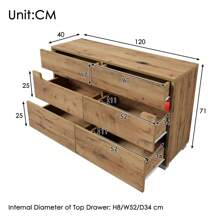 Komoda, kredens drewniany z 6 szufladami, oświetlenie (sterowanie aplikacją), uniwersalny mebel do salonu i sypialni, 71 x 120 x 40 cm, dąb