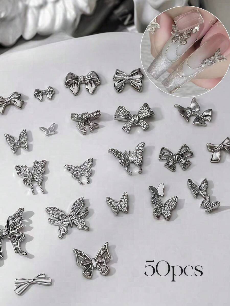 50 件美甲合金蝴蝶装饰，银色镂空混合各种图案，美甲配件美甲用品 - 銀色 - 查看 1