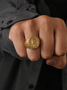 1pc 18K Gold Plated Stainless Steel Classic Portrait Cross Pattern Men's Ring, Daily Wear Jewelry Gift - Ring - View 1