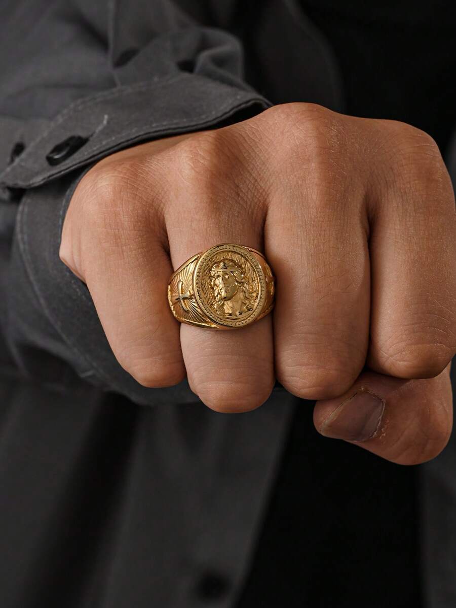 1pc 18K Gold Plated Stainless Steel Classic Portrait Cross Pattern Men's Ring, Daily Wear Jewelry Gift - Ring - View 1