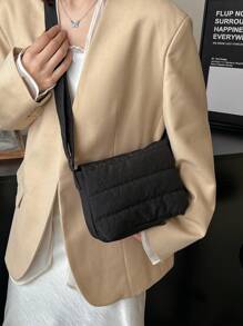 尼龙轻质翻盖小号单肩包，女士时尚休闲绗缝单肩斜挎包 - 黑色 - 查看 7