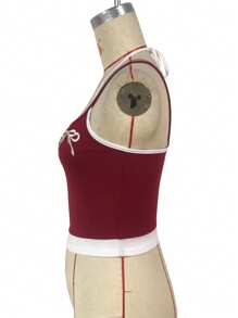 女士蝴蝶结刺绣拼色修身日常健身运动吊带背心上衣 - 酒紅色 - 查看 6