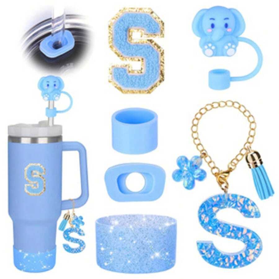 6PCS Cup Accessories, Suitable For 30oz And 40oz Cups With Handles, Including Letter Stickers, Straw Plugs, Silicone Coasters, Silicone Splash-Proof Kit, And Letter Pendants