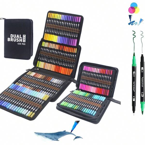 120/60 Colors Dual Tip Brush Markers - Brush And Fineliner Coloring Brush Pens Set - 120/60 Colors For Coloring Books, Christmas Cards, Drawing, Lettering, Note-Taking, Schedules, Letters, Calligraphy, Journaling, Doodling - Suitable For Artists & Crafters