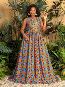 Faeriesty 加大休闲立领无袖花卉印花长裙节日连衣裙度假造型和花卉印花休闲连衣裙夏季连衣裙春装 - 橘色 - 查看 8