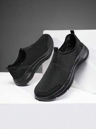 Plus Size Men's New Casual Sneakers, Fashionable, Breathable Mesh Upper, Low-Top, Solid Color, Slip-On Design, Non-Slip, Shock-Absorbing, Lightweight, Suitable For Outdoor Activities