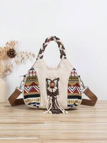 1pc Bohemian Style Woven Owl Pattern Women's Crossbody Bag Portable Messenger Bag Original Design Versatile Multifunctional Handbag For Beach Travel Vacation - Beige - View 2