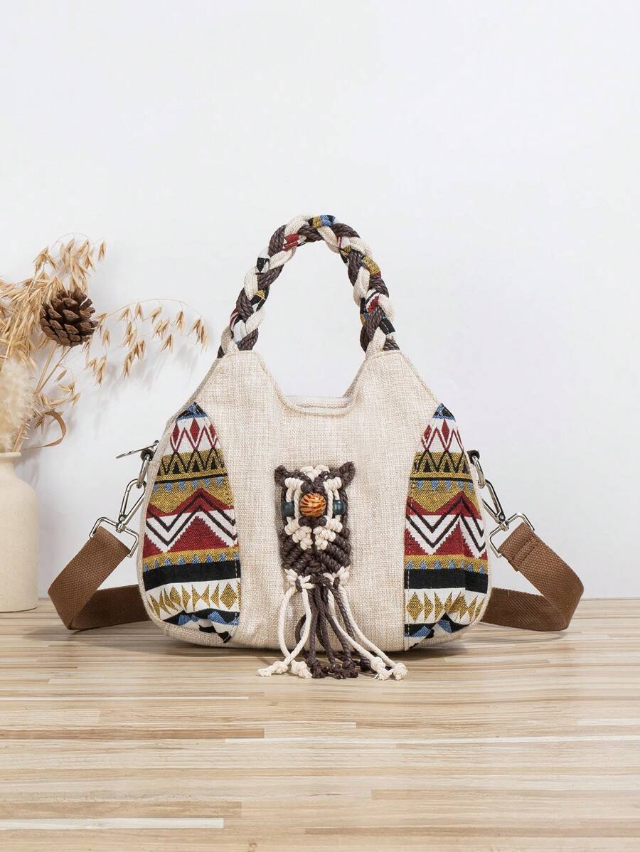 1pc Bohemian Style Woven Owl Pattern Women's Crossbody Bag Portable Messenger Bag Original Design Versatile Multifunctional Handbag For Beach Travel Vacation