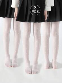 3/2 Pairs Children's Leggings, Girls Tight Pants, Infant Tights, White Solid Color, Cartoon Heart Pattern, Jacquard Thin, High Elastic Footless Mesh Stockings, Mesh Socks, Dance Tights, Suitable For Daily Wear, School/Cute Style, Dance Pants, Spring/Summer, Regular Style, Footless Pants, Suitable For Students Daily Gatherings, Pantyhose, Can Be Paired With Skirts, Shorts, Flats, Back To School Season, Students, New Semester - Multicolor - View 1