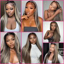 Brennas Highlight Straight Wig Pre Cut 5X5 Lace Closure Wigs Human Hair  Pre Plucked Glueless Wig 34 Inches Bye Bye Knots Put On And Go Wig 200% Density Blonde P1b/27 Colored Straight HD Transparent WigS For Women