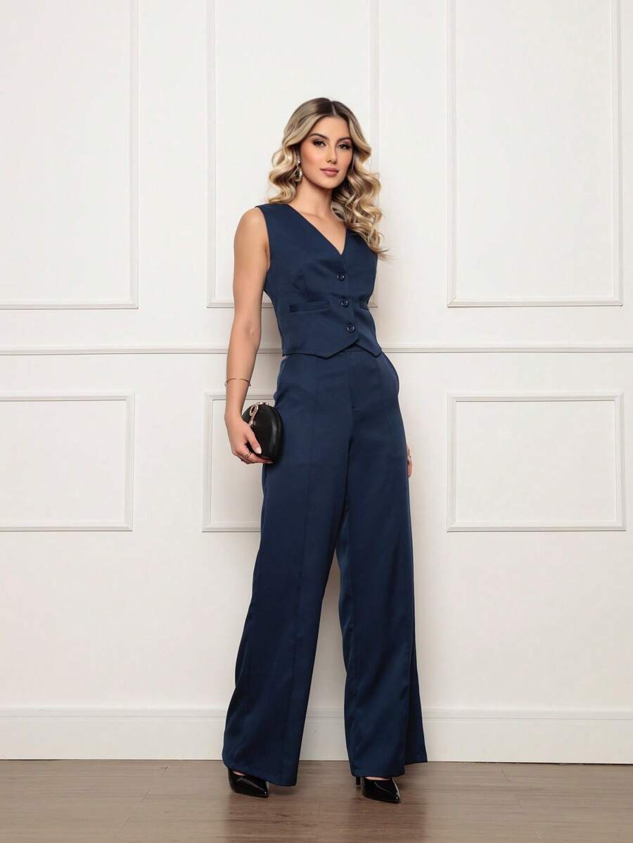 Women's Tailored Set: Vest With Long Formal Trousers - Màu xanh hải quân - Xem 1