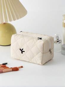 Fresh And Simple Series, New Embroidered Bow Quilted Storage Bag, Cute Ladies Cosmetic Bag, Used For Cosmetics, Headphones, Data Cables, Change, Stationery Storage, Suitable For Students And College Students Cosmetics Items Storage Belongings, Travel Shopping And Business Trips, The First Choice For Holiday Gifts