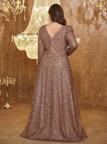 UNITHORSE Plus Size V-Neck Solid Long Sleeve Wrap Sequin A-Line Elegant Evening Party Dress, Wedding Guest Dress, Formal Dress,Gown, Fall Women Clothes - 咖啡棕 - 查看 2