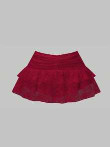 Chân váy xếp ly nhiều lớp ren eo thấp dễ thương dành cho nữ, thích hợp cho tiệc tùng, mua sắm, cocktail, váy ngắn màu đỏ rượu vang, phong cách thường ngày mùa hè. - Màu Đỏ Sâu - Xem 6