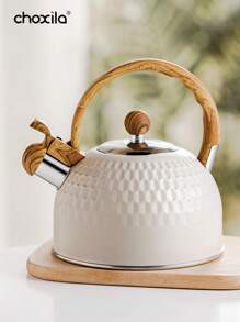 choxila 1pc 2L Stainless Steel Whistling Kettle - Creamy White With Wood Grain Handle, Perfect For Coffee & Tea, Compatible With Electric & Gas Stoves, For Outdoor, Camping