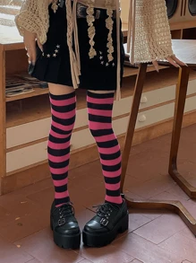 1 par de medias largas a la rodilla a rayas para mujer, con rayas de colores de moda, medias hasta los muslos, medias largas, medias para niñas, medias de fiesta, medias de baile, estilo punk, rockstar, para uso diario