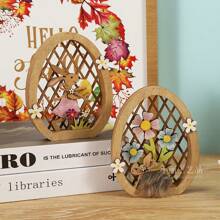 复活节创意木雕彩蛋，金鸡兔子与花朵木雕彩蛋摆件，复活节家居客厅卧室玄关装饰，木制工艺品