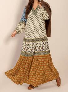 女士复古花卉拼接V领长款连衣裙，波西米亚风，适合秋冬季音乐节