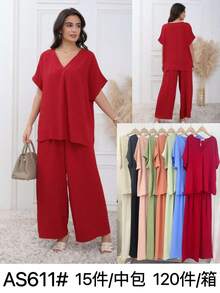 Conjunto de blusa de manga murciélago y pantalones de pierna ancha - Azul - Ver 2