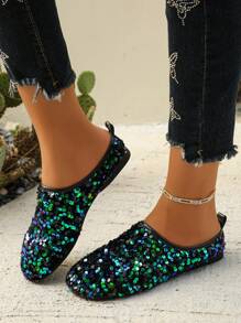 Comercio transfronterizo Tallas grandes 36-43 Nuevos mocasines de moda de primavera y otoño con brillos negros, de uso diario en rosa, zapatos planos de lentejuelas multicolor para vestir