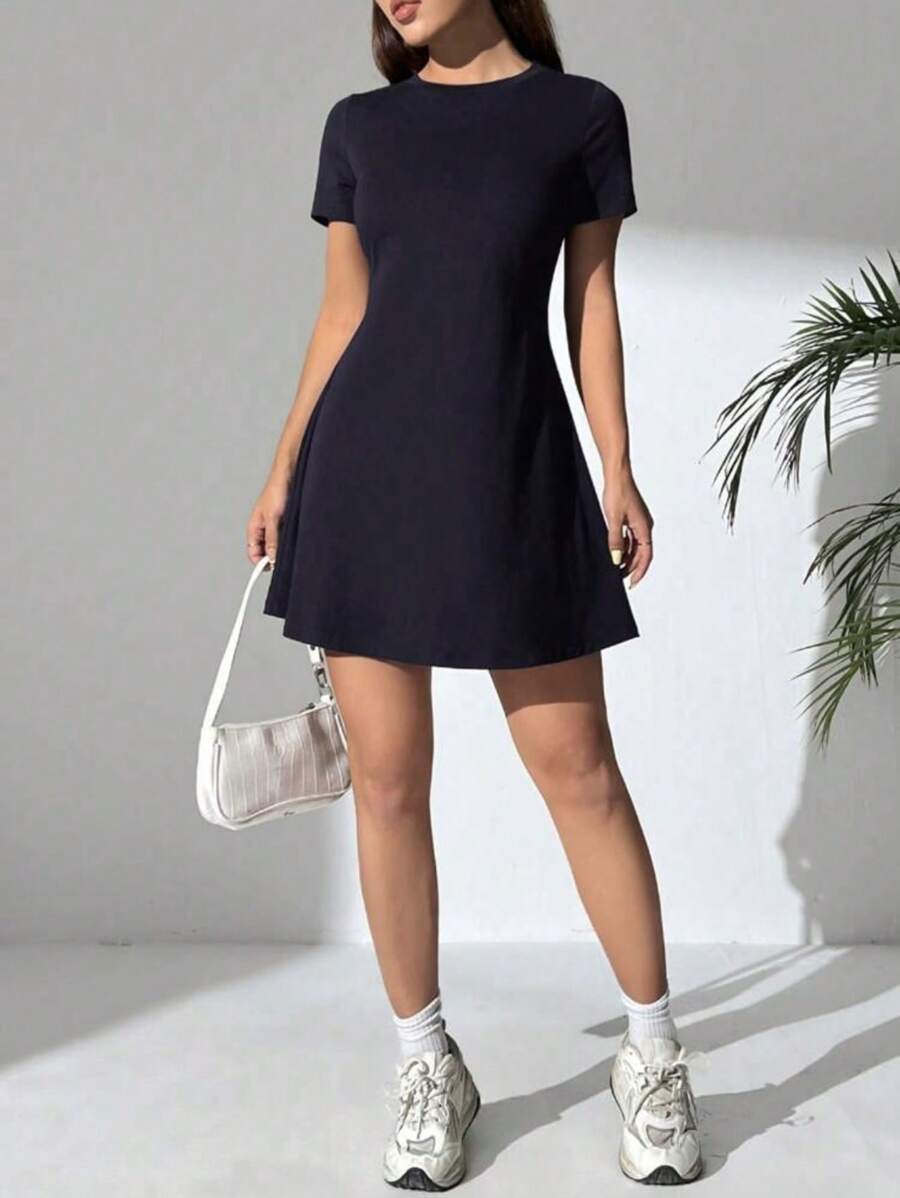 Women's Short Dress Comfortable And Sexy Light And Quality Solid Colors - 藏蓝色 - 查看 1