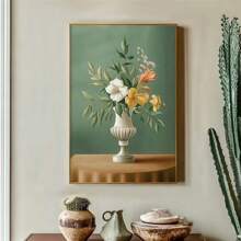 1 pieza Impresión artística en lienzo floral moderna - Diseño de jarr clásico europeo con fondo verde y beige, flores blancas y amarillas, perfecto para la sala de estar, el dormitorio, la cocina, el estudio y talla grande - Decoración de pared sin marco, regalo ideal, decoración floral