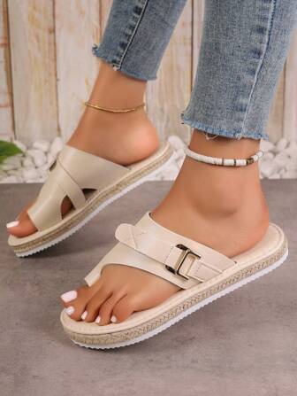 女士平底亚麻绳趾钉铆钉弹性一脚蹬圆头平底凉鞋，镂空露趾防滑凉鞋，户外平底女士人字拖