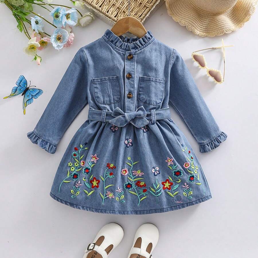 2 件套新生女童长袖刺绣牛仔连衣裙（配腰带） - 藍色 - 查看 1