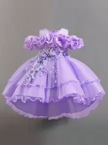 Young Girls Lace Applique Tulle Elegant Runway Model Performance Dress, Suitable For Parties And Birthdays