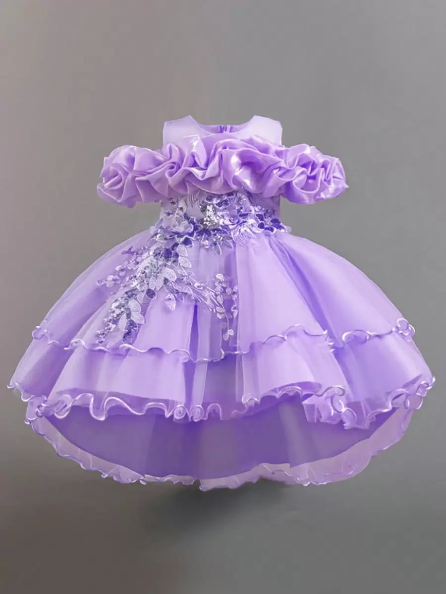 Young Girls Lace Applique Tulle Elegant Runway Model Performance Dress, Suitable For Parties And Birthdays