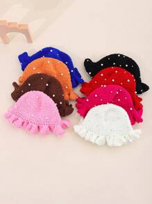 1pc Women's Cute & Casual Y2K Style Fashion Handmade Crochet Solid Color Pleated Rim With Lots Of Pearl Decor 3D Textured Bucket Hat, Recommended For Outings, Travel, Daily Wear - Pearl - View 1