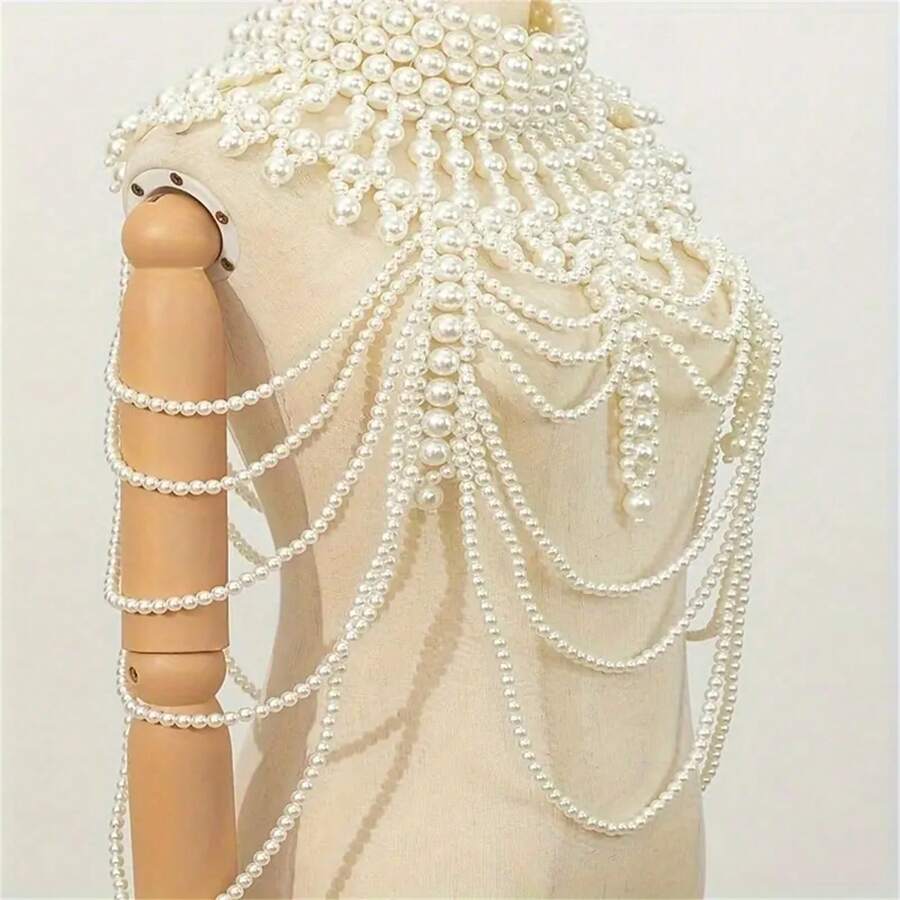 1pc Luxury Vintage Multi-Layer Handmade Beaded Faux Pearl Body Chain, Retro Sexy Style, Fashionable Accessory - White - View 1