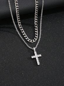 2pcs/Set Teen Personalized Rhinestone Decor Cross Pendant Rope Chain Necklace For Boys Girls Punk Hip Hop Street Jewelry Accessories For Teen Birthday Gift - Silver - View 1