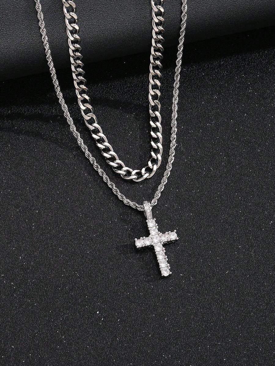 2pcs/Set Teen Personalized Rhinestone Decor Cross Pendant Rope Chain Necklace For Boys Girls Punk Hip Hop Street Jewelry Accessories For Teen Birthday Gift - Silver - View 1