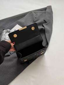 Stylish Solid Color And Printed Wide Strap Hard-Handheld Cross-Body Shoulder Bag For Women - Black - View 4