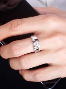 1pc S925 Sterling Silver Fashion Inlaid Sparkling Cubic Zirconia Ring, Jewelry Gift For Lover, Wedding - Silver - View 3