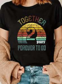 2nd Years Wedding Anniversary Gifts For Couples Matching T-Shirt Print Crew Neck T-Shirt For Summer, Women's Soft Short Sleeve Top, Stylish Comfy Tee For Women Graphic Tees
