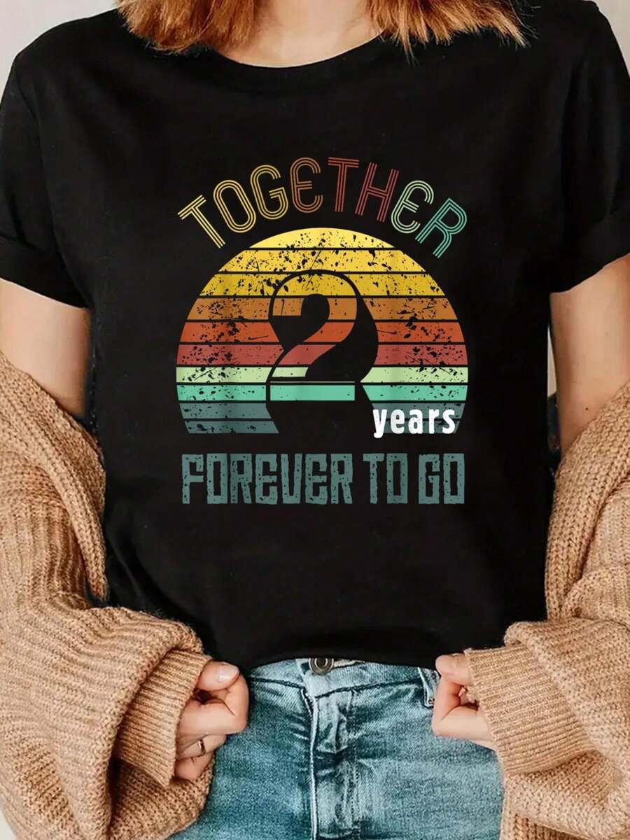 2nd Years Wedding Anniversary Gifts For Couples Matching T-Shirt Print Crew Neck T-Shirt For Summer, Women's Soft Short Sleeve Top, Stylish Comfy Tee For Women Graphic Tees