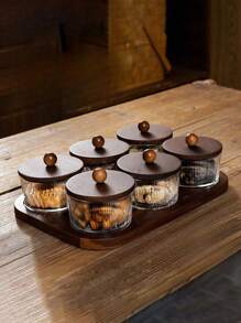 新款日式木制和玻璃零食盘家用多功能食品储存罐托盘套装，2/3/4/6 隔层，适用于谷物、糖果、饼干、面包、户外、婚礼、派对、礼物、生日、圣诞礼物