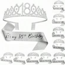 2 件套女士生日绶带和头饰，包括生日皇冠 13 岁 16 岁 18 岁 21 岁 30 岁 40 岁 50 岁 60 岁 70 岁 80 岁绶带丝带精美蜡烛和蛋糕装饰，生日女士礼物，生日快乐派对礼品，银色 - 銀色 - 查看 1