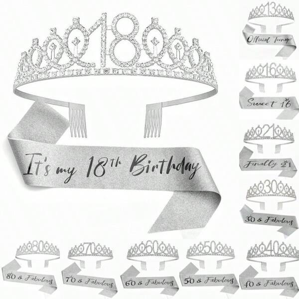 2pcs/Set Birthday Sash And Tiara For Women Including Birthday Crown 13th 16th 18th 21th 30th 40th 50th 60th 70th 80th Sash Ribbon Fabulous Candles And Cake Topper, Birthday Women Gifts For Happy Birthday Party Favor Supplies For Silver