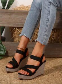 Women's Wedge Heel Slip-On Woven Platform Sandals With Elastic Band