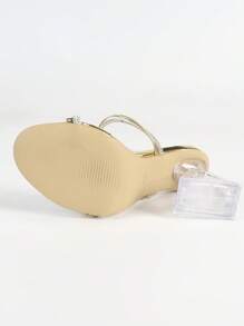 时尚女士高跟鞋，露趾水钻凉鞋水晶带圆头凉鞋简约双带裸色凉鞋透明水晶坡跟三角高跟凉鞋不对称高跟凉鞋户外金属装饰女士金色凉鞋，夏季