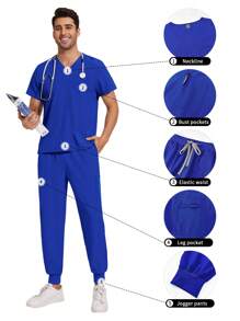 Men's Medical Workwear Set, Dentist/Nurse Uniform, V-Neck Short Sleeve Top, Medical Sports Pants, Nursing Workwear, Doctor Workwear - Royal Blue - View 1