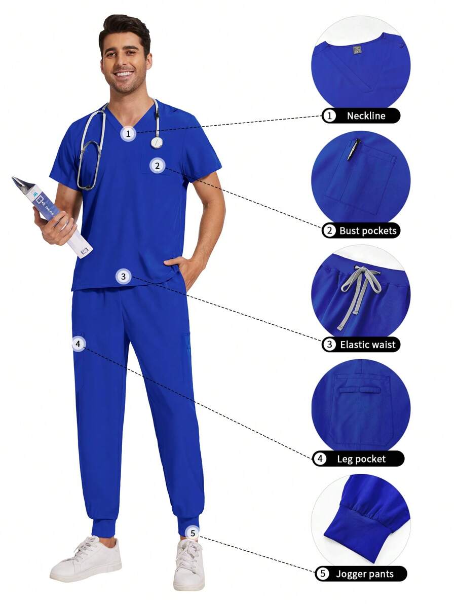 Men's Medical Workwear Set, Dentist/Nurse Uniform, V-Neck Short Sleeve Top, Medical Sports Pants, Nursing Workwear, Doctor Workwear - Royal Blue - View 1