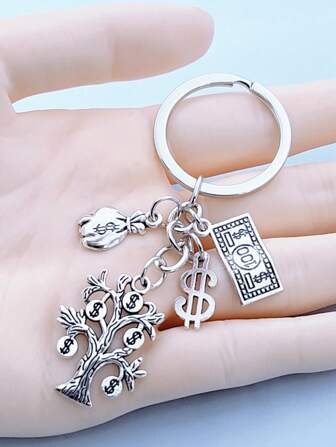 1 件菱形图案休闲波西米亚风优雅锌合金钥匙扣、摇钱树、钱袋、钱包、美元标志吊坠，适合所有季节