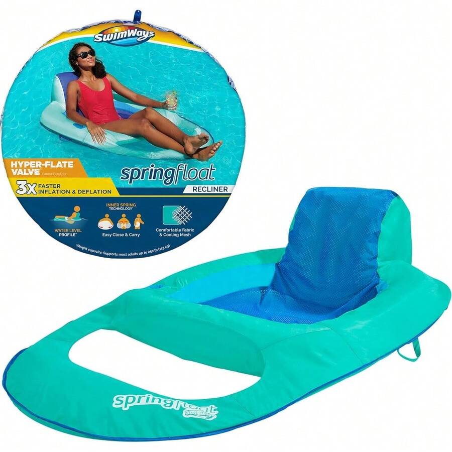 SwimWays Spring Float Recliner Chair for Swimming Pool, Inflatable Pool Floats Adult with Fast Inflation, Cup Holder & Foot Rest for Ages 15 & Up, Blue - Sillón reclinable Aqua - Ver 1