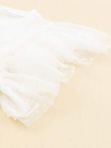 Acelitt 短袖纯色网纱荷叶边拼接圆领简约休闲衬衫，夏季白色 - 白色 - 查看 8