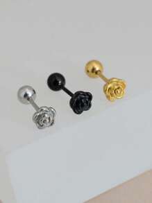 1PC Fashion Elegant Blooming Rose Flower Stud Earrings For Women Metal Screw Ball Ear Cartilage Helix Tragus Flat Conch Lobe Piercing Studs Charm Jewelry